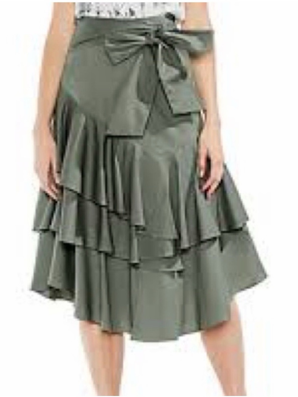 Vince Camuto Olive Green Tiered Ruffle Midi Skirt with Tie Waist